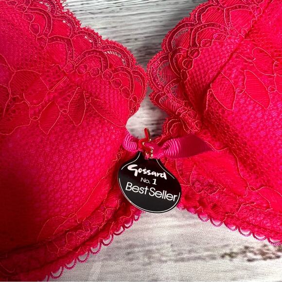 Gossard 34A Superboost Lace Padded Plunge Bra Rose Red Pink Underwire Mesh - Picture 4 of 14